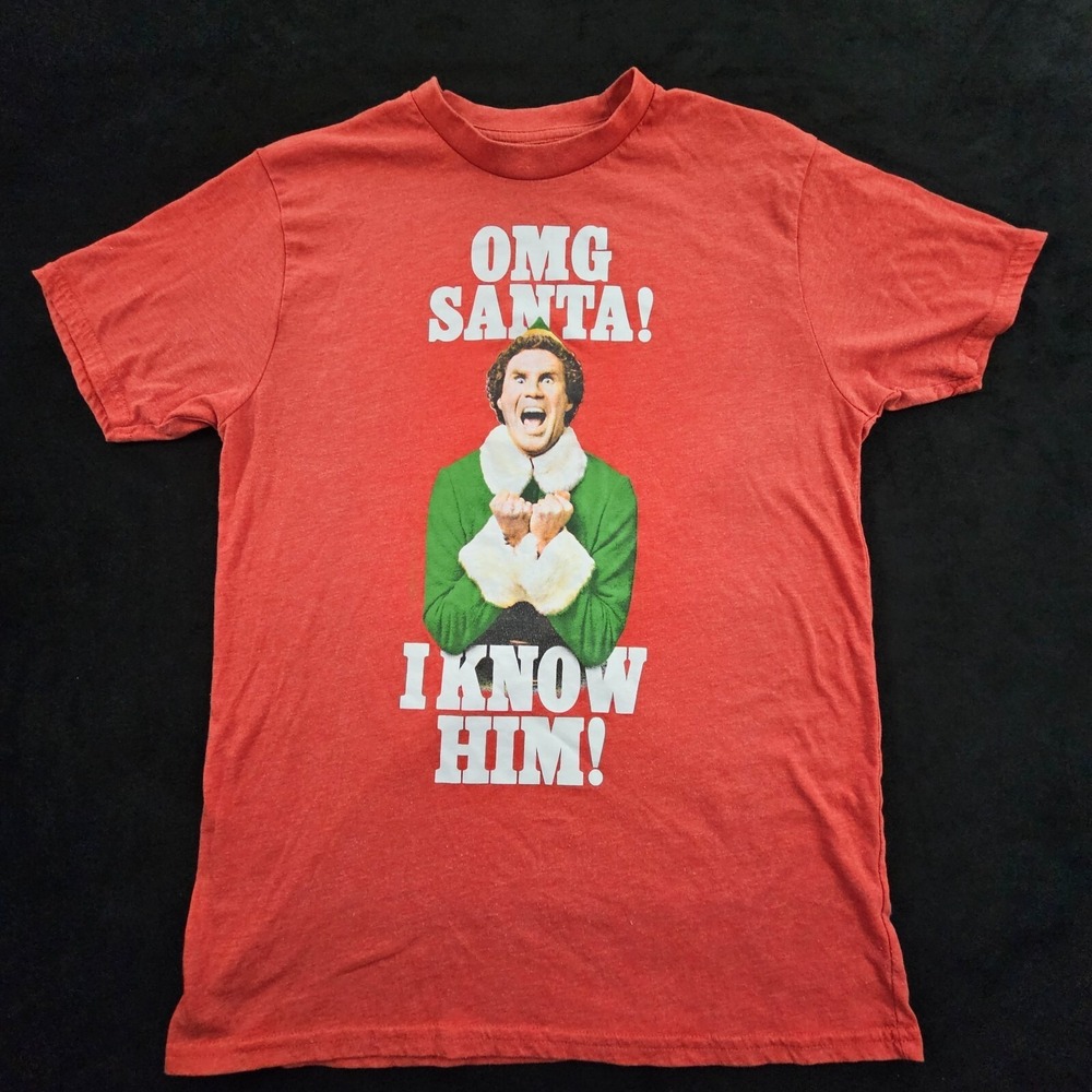 OMG Santa I Know Him Elf Christmas Red Short Sleeve Cotton Blend T-Shirt Men's M